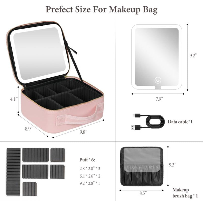 Behaesty Portable Makeup Bag with 3-Color LED Detachable Mirror 2000Mah USB Rechargeable Waterproof PU Leather Organizer Compact Travel Cosmetic Pouch