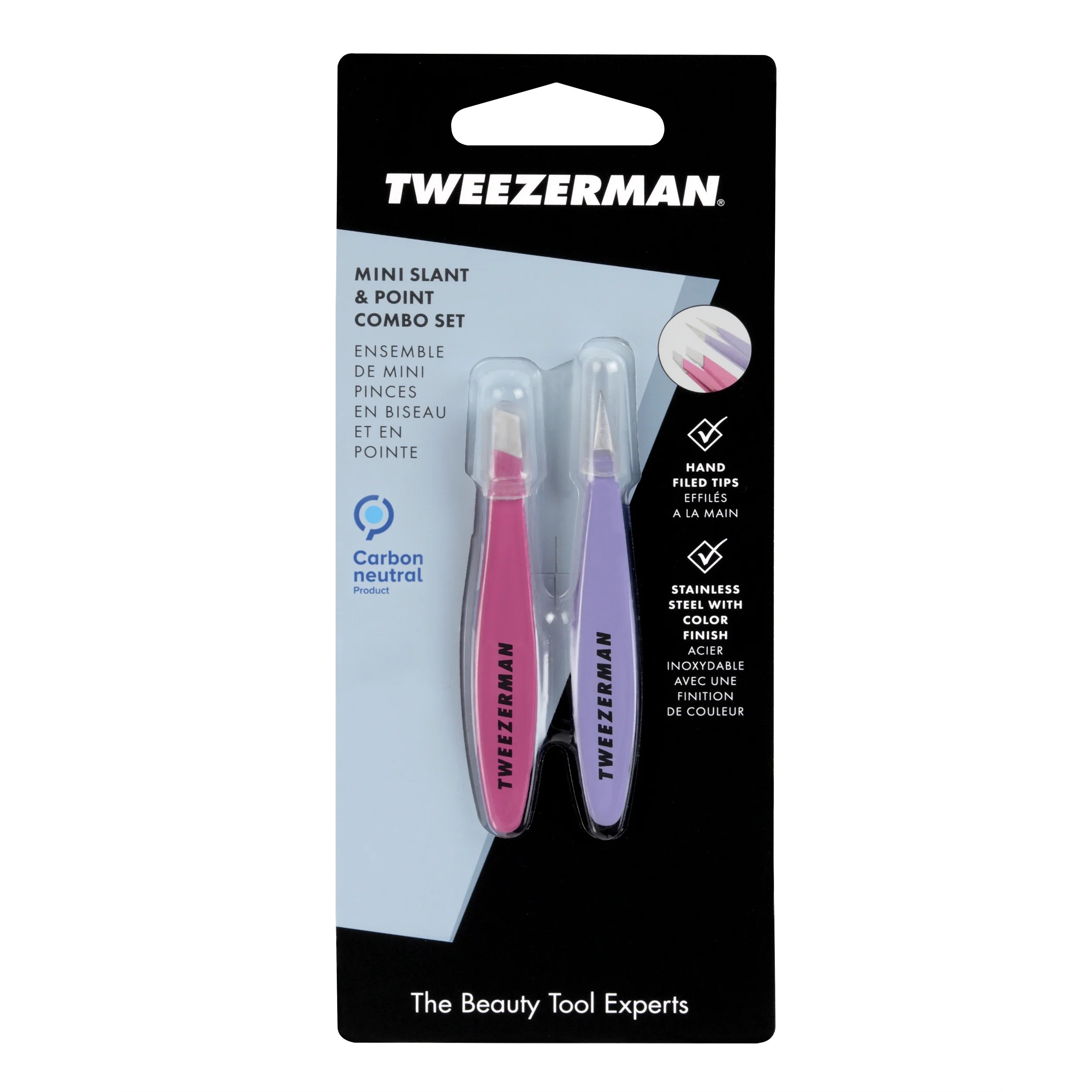 Mini Oval Slant and Point Tweezer Combo, Stainless Steel, Purple Pink