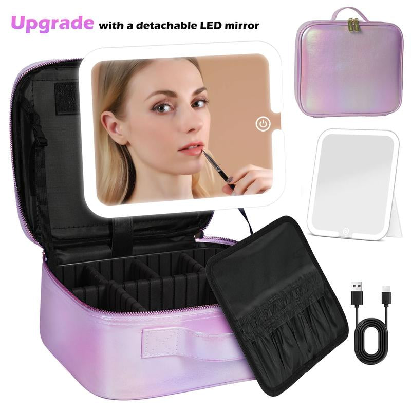 Behaesty Portable Makeup Bag with 3-Color LED Detachable Mirror 2000Mah USB Rechargeable Waterproof PU Leather Organizer Compact Travel Cosmetic Pouch