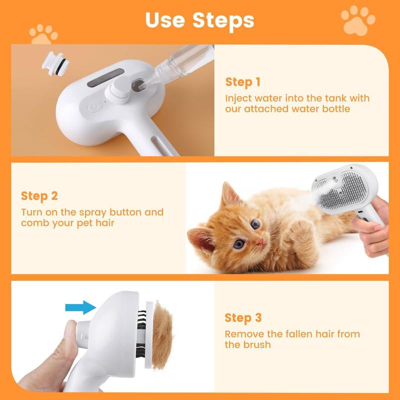 Cat Steam Brush for Shedding, Steamy Cat Brush for Long & Short Haired Cats & Dogs, Spray Cat Brush for Pet Grooming, Self-Cleaning Pet Hair Removal Comb with Water Tank