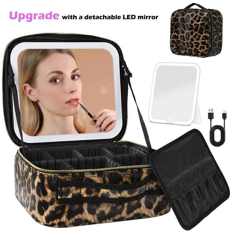 Behaesty Portable Makeup Bag with 3-Color LED Detachable Mirror 2000Mah USB Rechargeable Waterproof PU Leather Organizer Compact Travel Cosmetic Pouch
