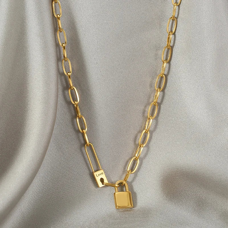 316L Stainless Steel Letter Love Lock Pendant Thick Chain Necklace Female Fashion Retro Exaggerated Punk Style Party