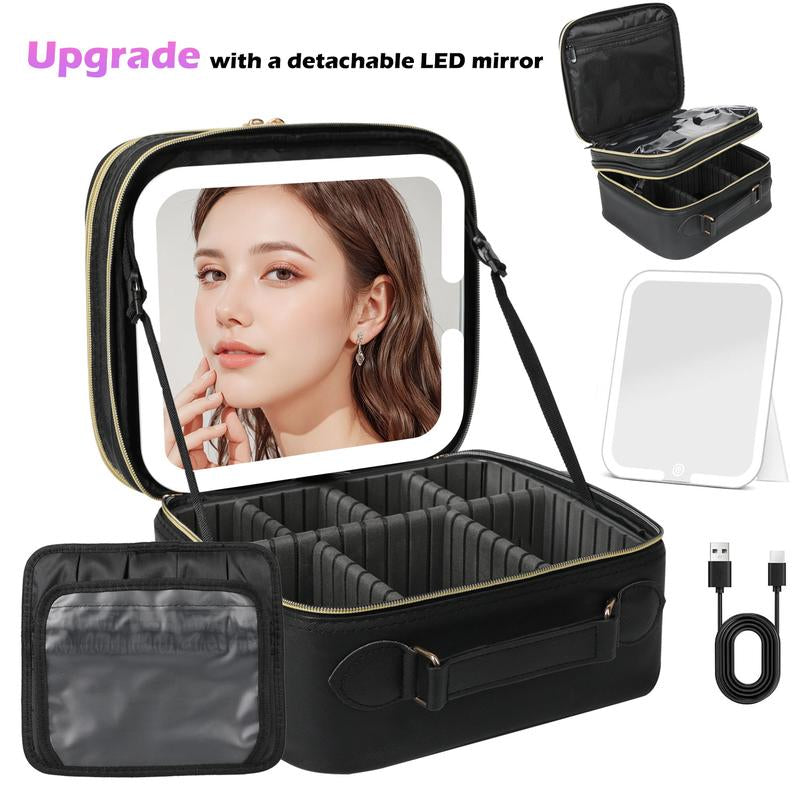 Behaesty Portable Makeup Bag with 3-Color LED Detachable Mirror 2000Mah USB Rechargeable Waterproof PU Leather Organizer Compact Travel Cosmetic Pouch