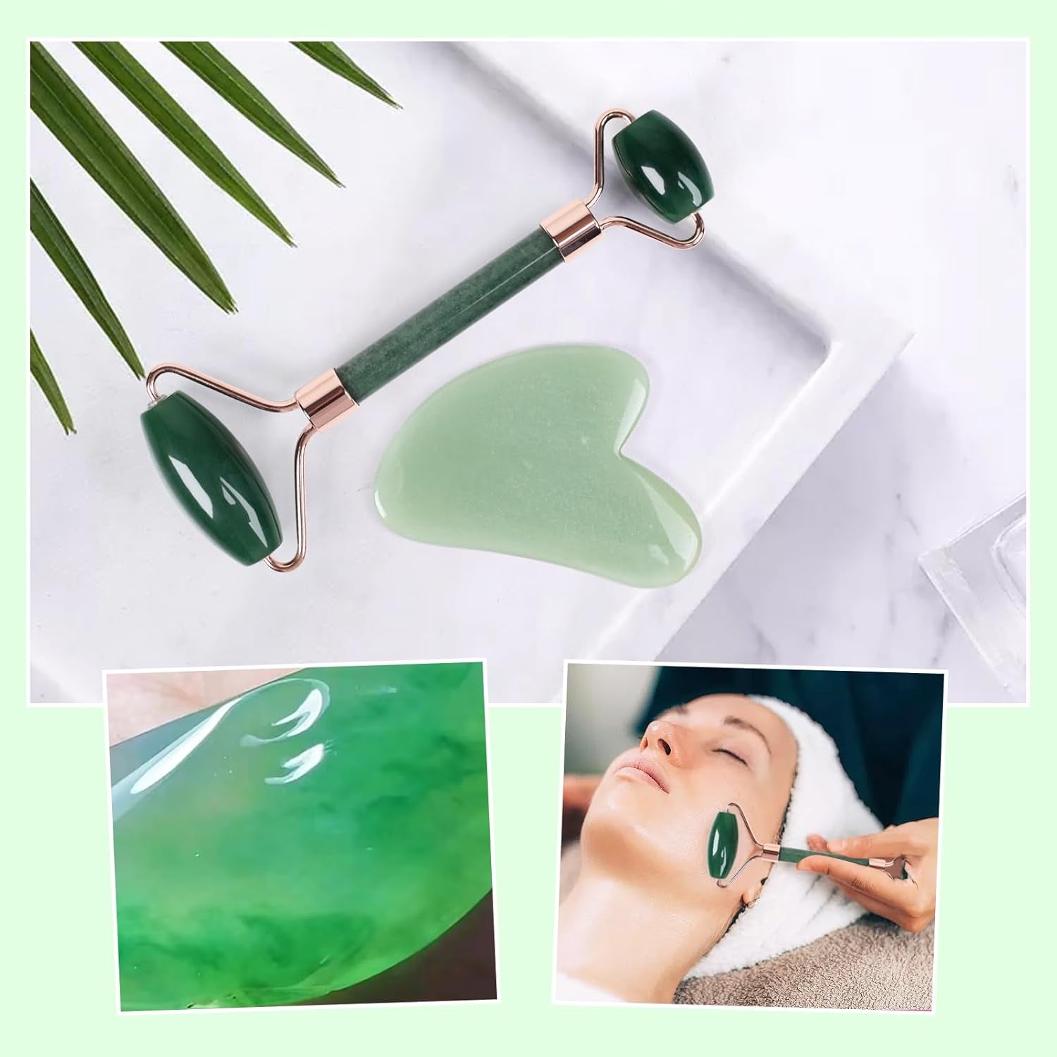 Quartz Rose Jade Roller and Gua Sha Facial Set Kit for Face Skincare, Stone Sculpting Tool, Massager Roller for Skin Care,Gift for Men and Women (Green)