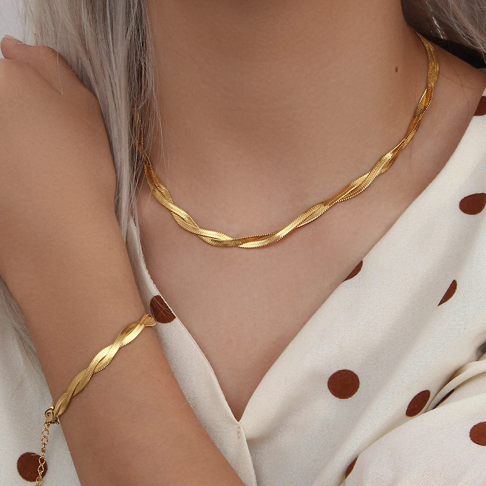Gold Plated Braided New Herringbone Chain Necklace Bracelets Set Wholesale Stainless Steel Jewelry for Women