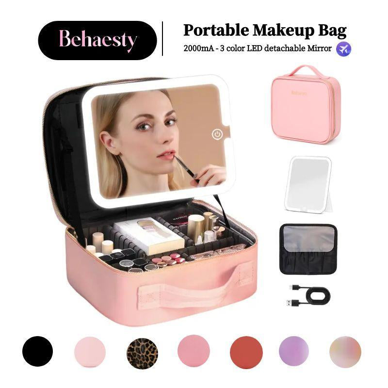 Behaesty Portable Makeup Bag with 3-Color LED Detachable Mirror 2000Mah USB Rechargeable Waterproof PU Leather Organizer Compact Travel Cosmetic Pouch