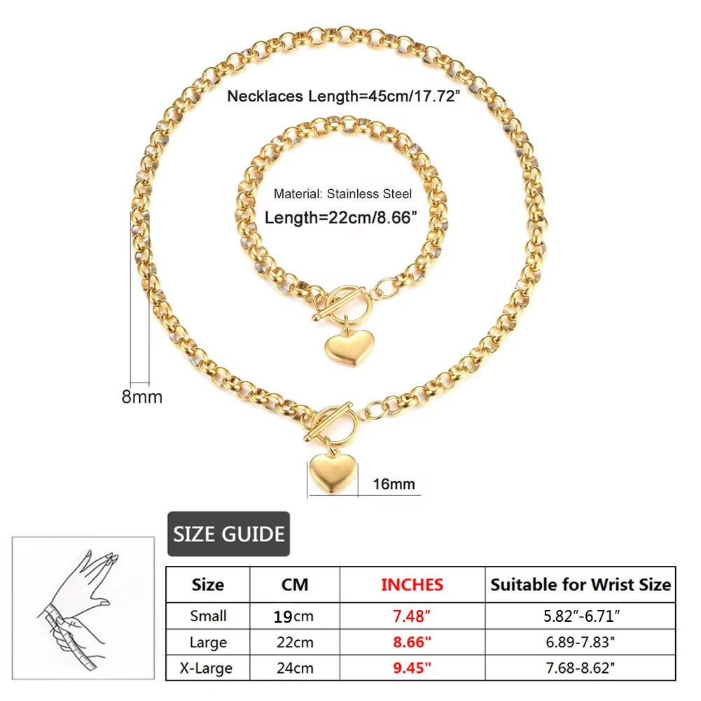 Stainless Steel Puff Heart Jewelry Sets for Women Fashion Buckle Toggle Heart Bracelet Ncklace Sets Female Jewelry