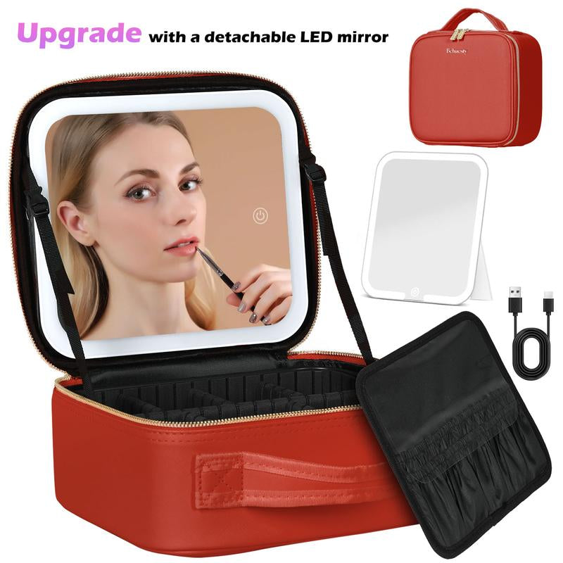 Behaesty Portable Makeup Bag with 3-Color LED Detachable Mirror 2000Mah USB Rechargeable Waterproof PU Leather Organizer Compact Travel Cosmetic Pouch
