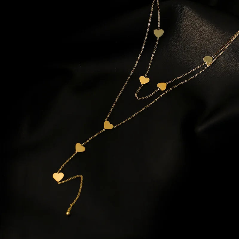 316L Stainless Steel Love Heart Tassel Long Necklace 2 Layers Beautiful Clavicle Chain Exquisite Gorgeous Women Wedding