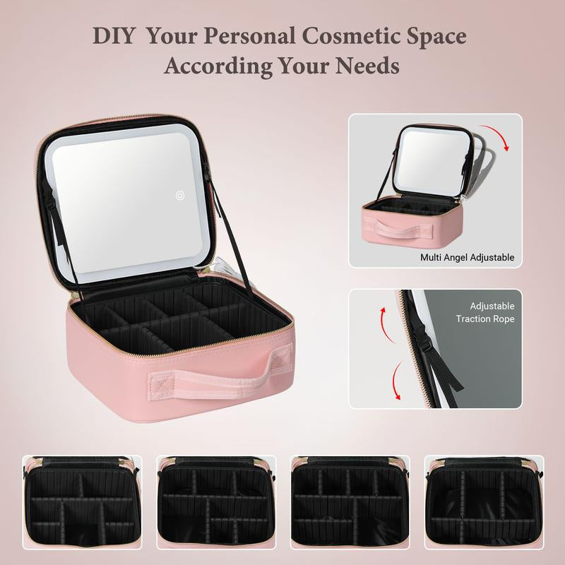 Behaesty Portable Makeup Bag with 3-Color LED Detachable Mirror 2000Mah USB Rechargeable Waterproof PU Leather Organizer Compact Travel Cosmetic Pouch