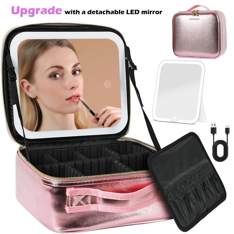 Behaesty Portable Makeup Bag with 3-Color LED Detachable Mirror 2000Mah USB Rechargeable Waterproof PU Leather Organizer Compact Travel Cosmetic Pouch