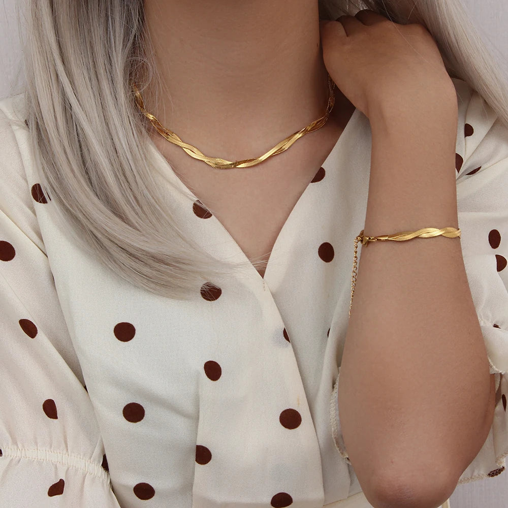 Gold Plated Braided New Herringbone Chain Necklace Bracelets Set Wholesale Stainless Steel Jewelry for Women