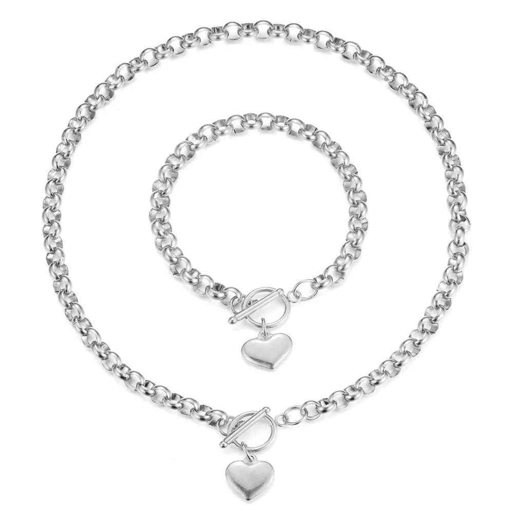 Stainless Steel Puff Heart Jewelry Sets for Women Fashion Buckle Toggle Heart Bracelet Ncklace Sets Female Jewelry