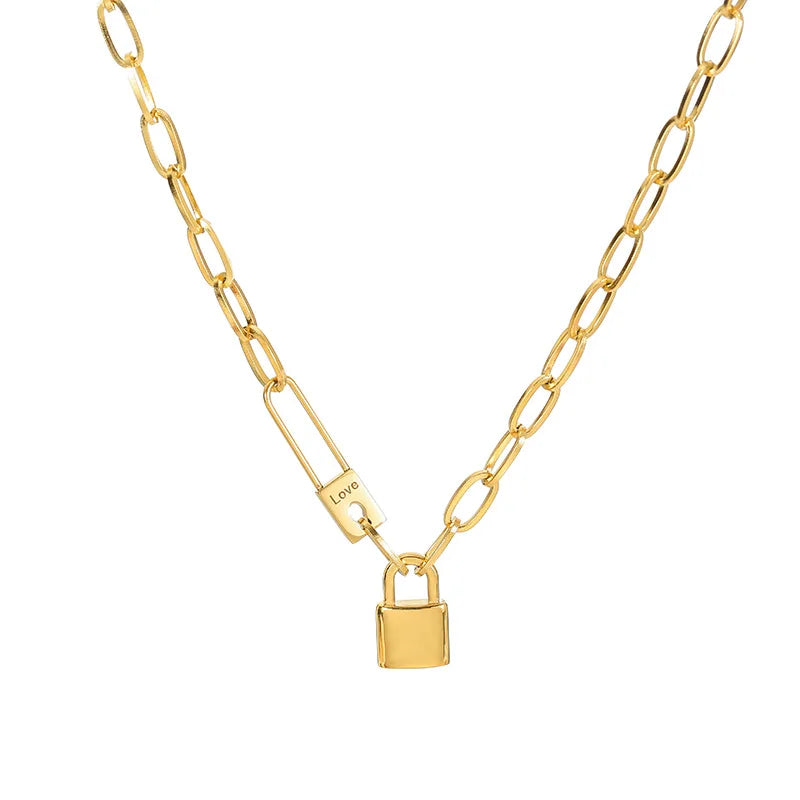 316L Stainless Steel Letter Love Lock Pendant Thick Chain Necklace Female Fashion Retro Exaggerated Punk Style Party