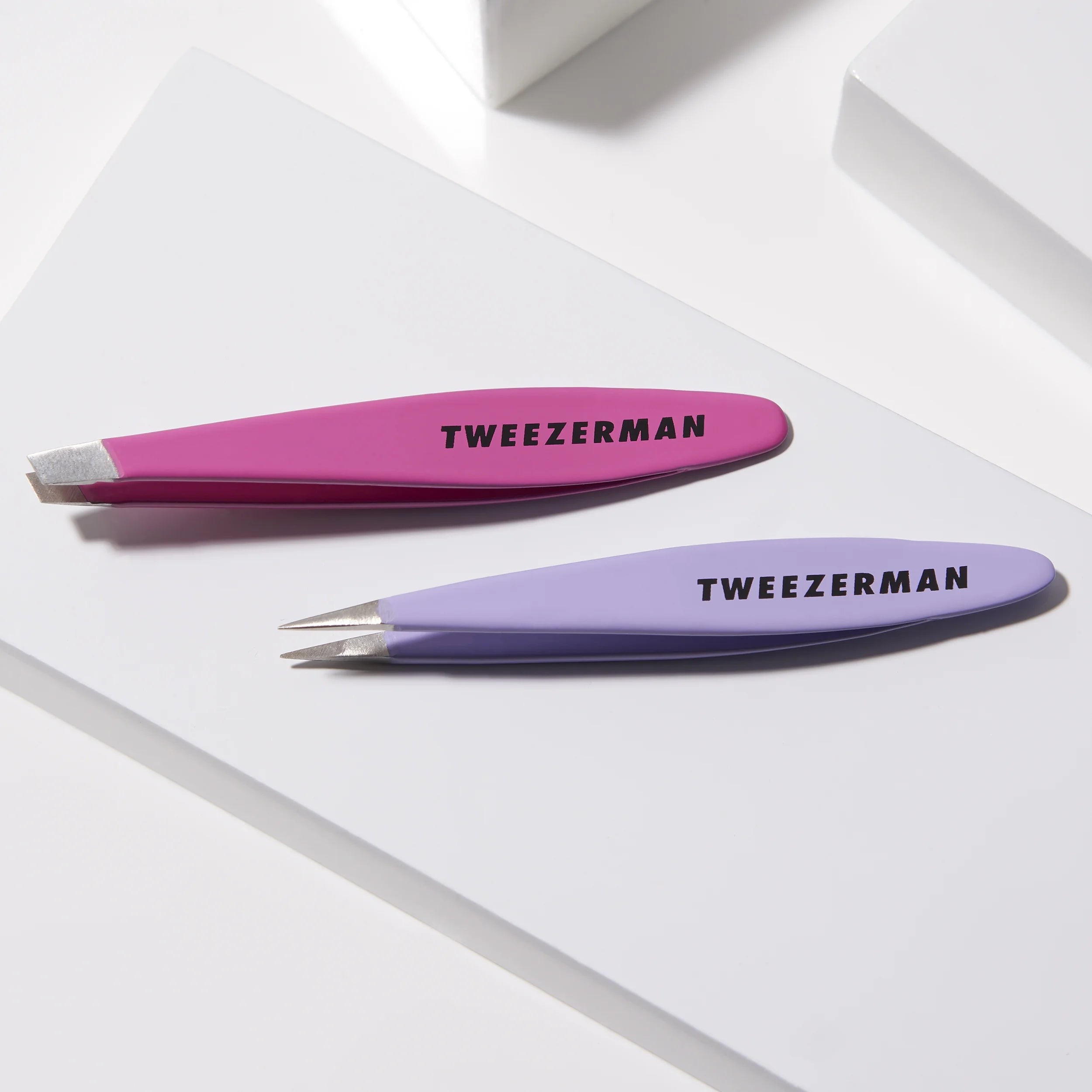 Mini Oval Slant and Point Tweezer Combo, Stainless Steel, Purple Pink